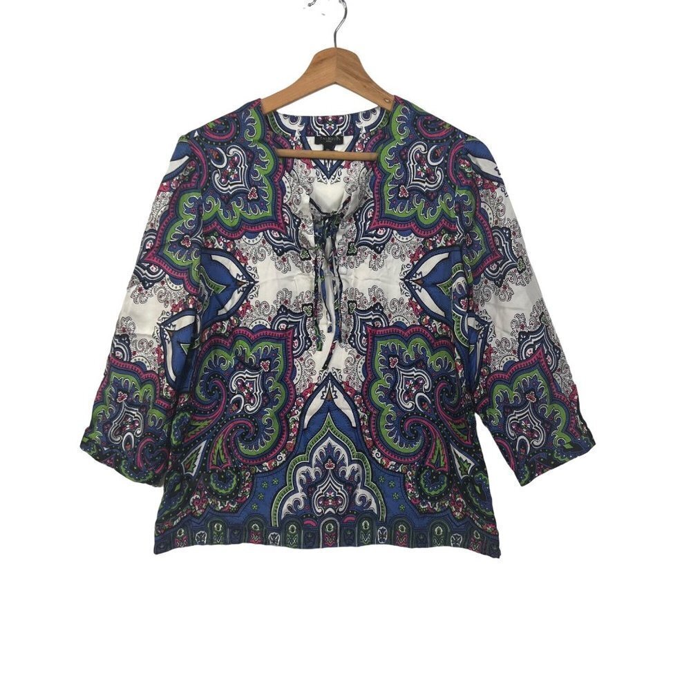 Talbots Women's Blue Purple White Paisley Tunic Top 100% Silk size 10P Petites